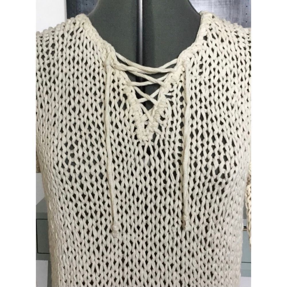 VINCe. Women’s Small Cream Hand Knit Lace Up Chunky Sweater - Picture 6 of 12